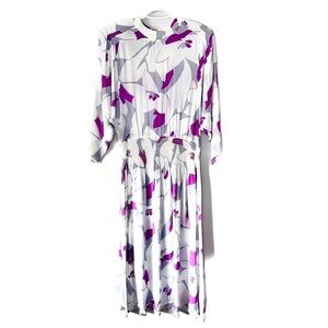 Vtg 80s Canadian Designer Midi Dropped Waist Dress, White Floral Smock Batwing 6